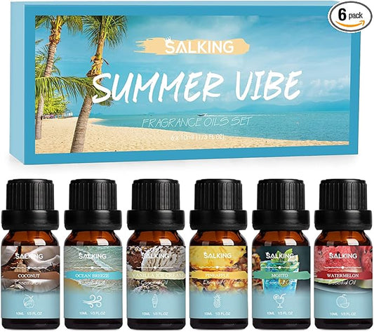 SALKING Summer Fragrance Oils Set, Premium Essential Oils Gift Set for Diffuser, Scented Oil for Soap & Candle Making - Ocean Breeze, Mojito, Coconut, Pineapple, Watermelon, Vanilla Ice Cream