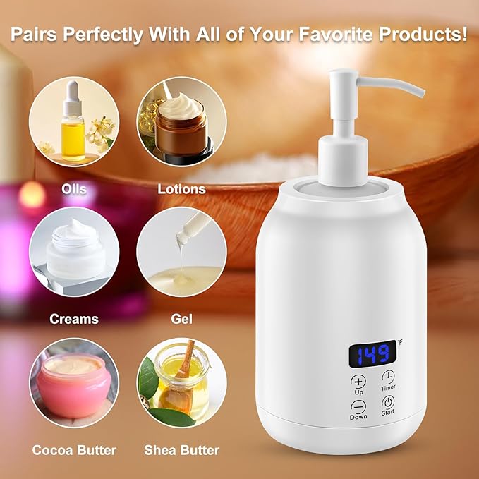 Massage Oil Heater Warmer,with ℃/℉ Switchable Display, Two Oil Dispenser Bottle，Constant Temperature,Body Oils Heater for Spa, Salon and Barber Shops,White