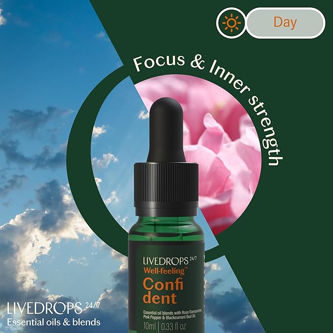 LIVEDROPS 24/7 Confident Essential Oil Blend - Crafted in France - Rose Damascena, Pink Pepper & Blackcurrant Bud Oil. Pure & Natural - Apply Directly on Skin or in Diffuser - Clinically Tested