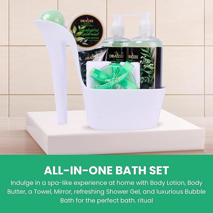 Draizee Mothers Day Gifts for Mom-Spa Gift Baskets for Women-8 Pcs Luxury Eucalyptus Spearmint Scented Heel Shoe Design Bath and Body Spa Set-Self Care Package for Women, Present for Mom-Body Care Set