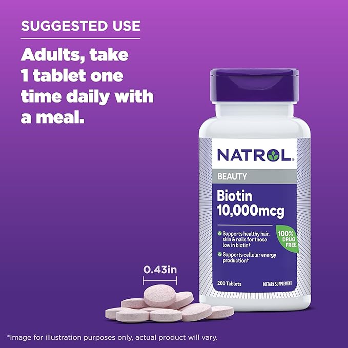 Natrol Biotin 10000mcg, Supplement for Healthy Hair, Skin and Nails for Those Low in Biotin, Plus Energy Metabolism Support, 200 Tablets, Up to a 200 Day Supply
