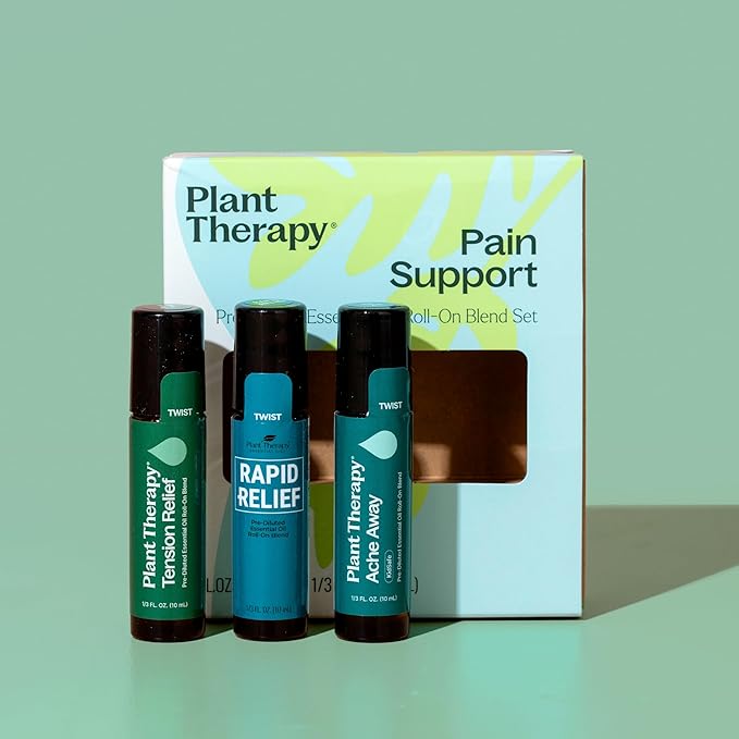 Plant Therapy Pain Support Essential Oil Roll On Blend Set 10 mL (1/3 oz) Each of Ache Away, Rapid Relief & Tension Relief, Pure, Pre-Diluted, Essential Oil Blends