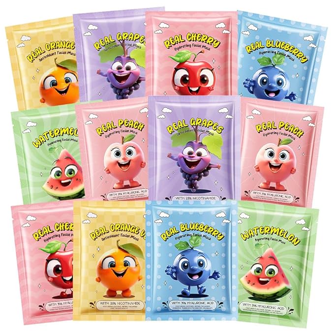 Kaely 12 Pack Fruit Face Masks for Kids, Kids Face Mask Spa Day kit Supplies, Spa Party Favors for Teens Girls Women, Sheet Facial Mask Skincare Gifts Set, Moisturize Soothe for All Skin Types, 04