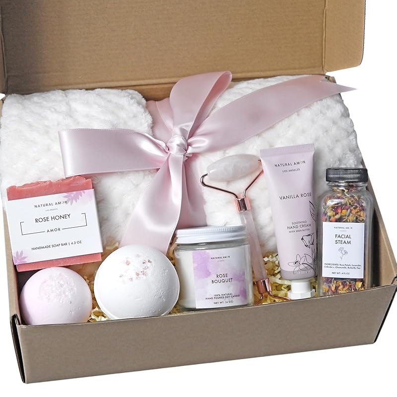 Natural Amor Rose Blanket Spa Gift Set for her, 8 pcs Self Care Box Including Handmade Soap Bar, Candle, Bath Bomb, Cozy Gift for Women