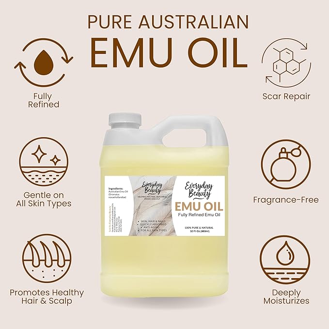Pure Australian Emu Oil Bulk 32 Fl Oz - All Natural 6X Refined for Face, Skin and Hair - Highly Effective Hydration for Sensitive Skin and Hair Growth - Perfect for Scars and Blemishes