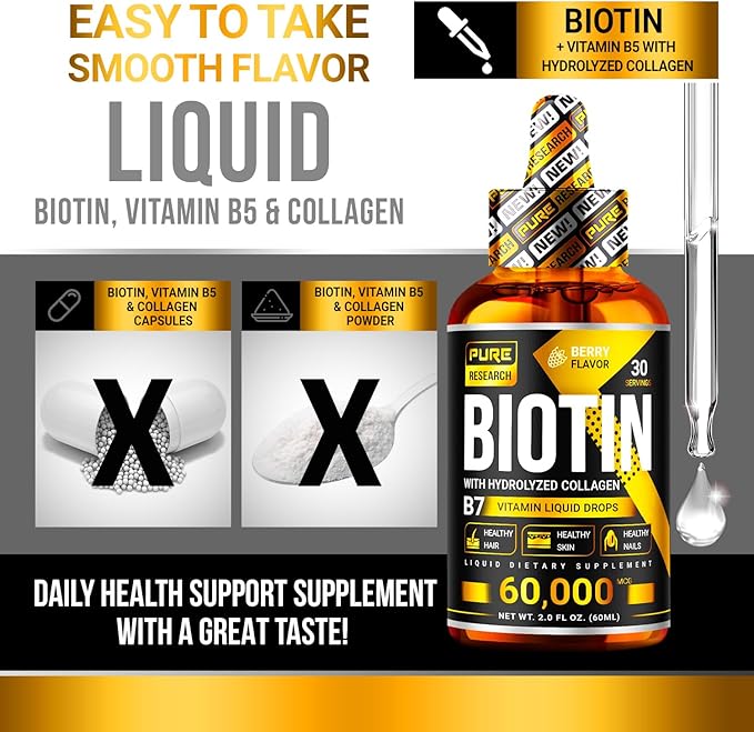 PURE RESEARCH Liquid Biotin & Collagen Hair Growth Drops 60,000mcg - Biotin and Liquid Collagen Supplement for Men & Women - Glowing Skin Support, Healthy Hair & Nail Growth - 2oz