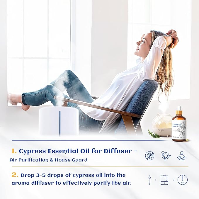 HIQILI 100ML Cypress Essential Oil, 100% Natural for Diffuser, Skin Care, Includes 10ML Travel Bottle - 3.38 Fl Oz