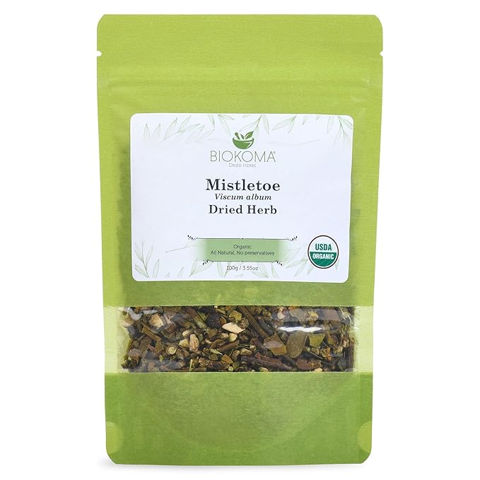 Biokoma Pure and Organic Mistletoe Dried Herb 100g (3.55oz) In Resealable Moisture Proof Pouch, USDA Certified Organic - Herbal Tea, No Additives, No Preservatives, No GMO, Kosher