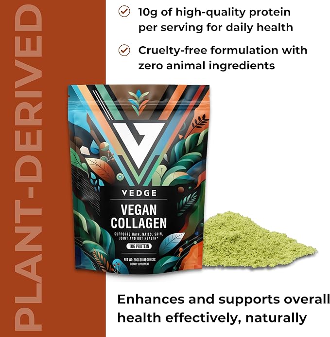 vedge Vegan Collagen Powder - Plant-Based Collagen Supplements for Hair, Skin, Nails, Joint & Gut Health - 0.47oz Collagen Peptides & 0.35oz Protein/Serving - 8.8oz Pack