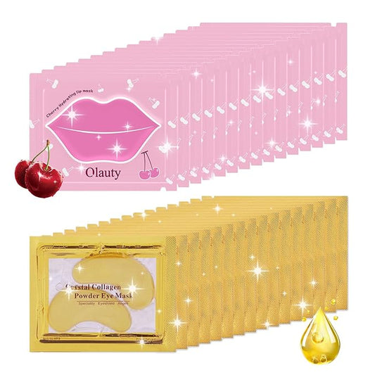 30 Pairs Lip Mask & Eye Mask, 24K Gold Gel Collagen Eye Pads for Puffy Eyes, Effectively Moisturizing the Lip & Eye Skin, Under Eye Patches for Dark Circles, Eye Bags, Wrinkles and Fine Lines