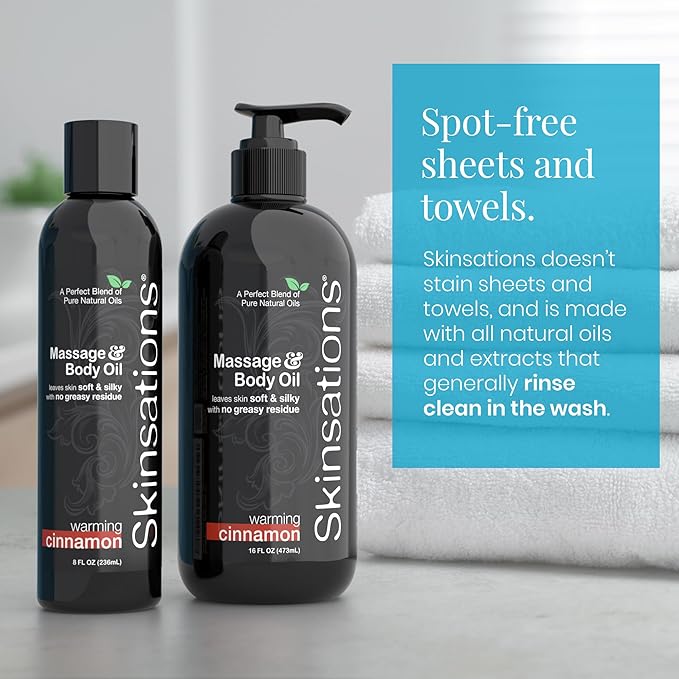 Skinsations - Cinnamon Massage Oil for Massage Therapy - 16oz | Warming Blend of Sweet Almond, Fractionated Coconut, Grapeseed and Jojoba Oil | Scented Body Oil, Sore Muscles, Aromatherapy