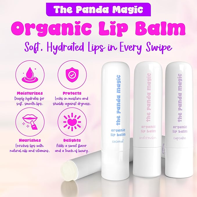 Organic Lip Balm Set- All-Natural, Moisturizing, Soothing Lip Mask and Hydrating Lip Treatment for Chapped Lips - Delicious Watermelon, Vanilla Cupcake, and Coconut Flavor