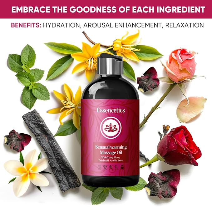 Massage Oil 8 oz - Organic Body Massage Oil with Ylang Ylang, Patchouli & Vanilla Rose - Relaxing Massage Therapy