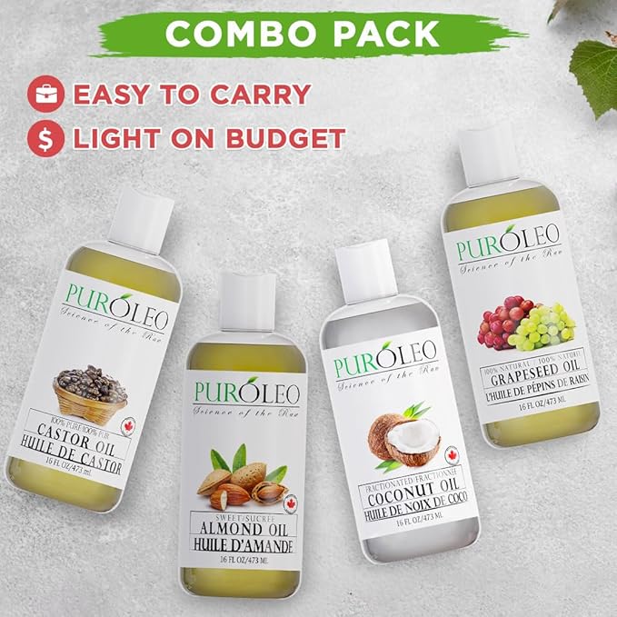 PURÓLEO Carrier Oil Gift Set- 4 Pcs - Coconut Oil- Almond Oil - Castor Oil - Grapeseed Oil - 100% Natural Moisturizing Massage 4 Pc (16 Fl Oz)