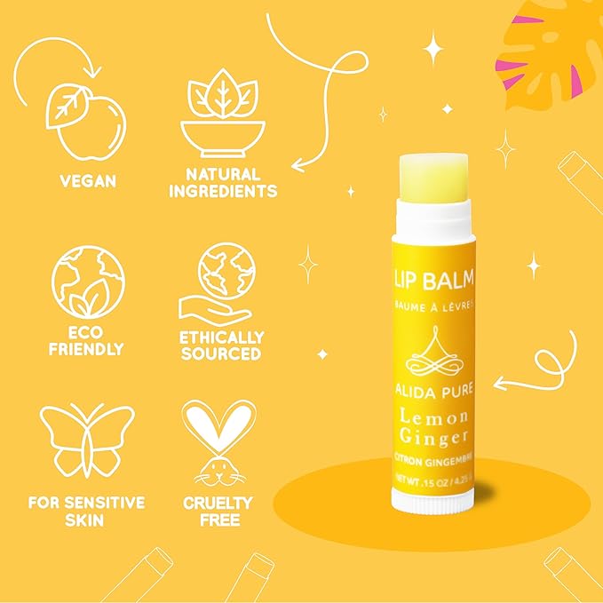 Lemon Ginger Lip Balm Collection, Vegan Lip Balm Set, Bees Wax Free, with Avocado Oil, Organic Jojoba Oil, Vitamin E, Natural Moisturizer For Dry, Cracked, or Chapped Lips, 3 Tube Set
