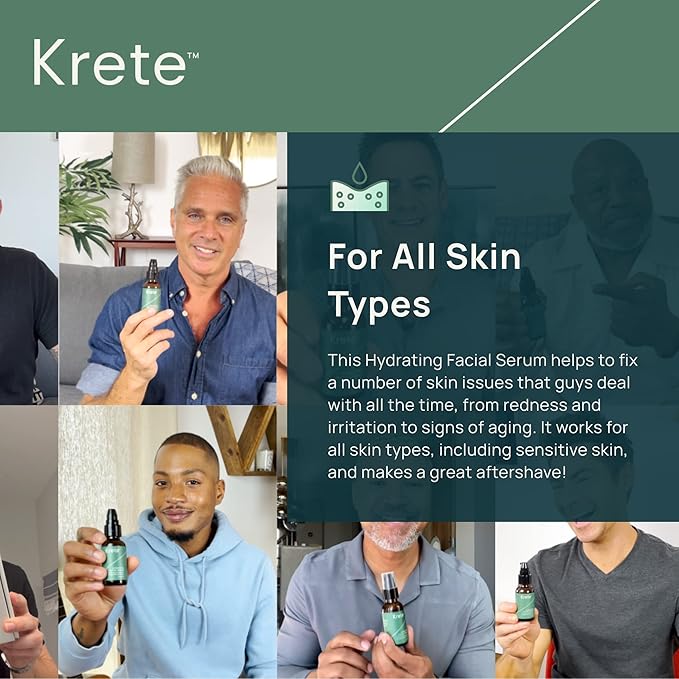 KRETE 30-Seconds Hydrating Facial Serum for Men - Helps with the Appearance of Aging, Wrinkles, Eye Bags, & Redness - Moisturize, Smooth, Hydrate, & Protect Your Skin - Oil-Free, All Skin Types
