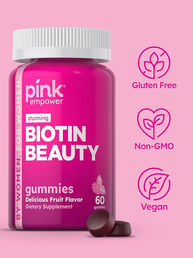 PINK Biotin Gummies | 60 Count | Non-GMO & Gluten Free | Fruit Flavor Vitamin for Hair Skin and Nails
