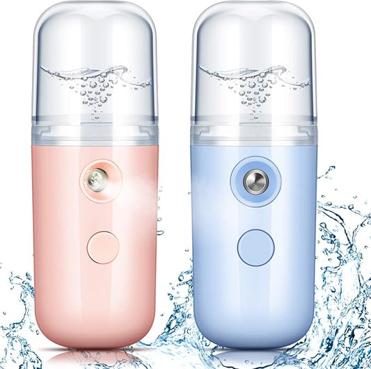 Honoson 2 Pieces Nano Facial Mister 30 ml Mini Face Humidifier Portable Facial Sprayer USB Rechargeable Handy Skin Care Machine for Face Hydrating, Daily Makeup (Light Pink and Blue)