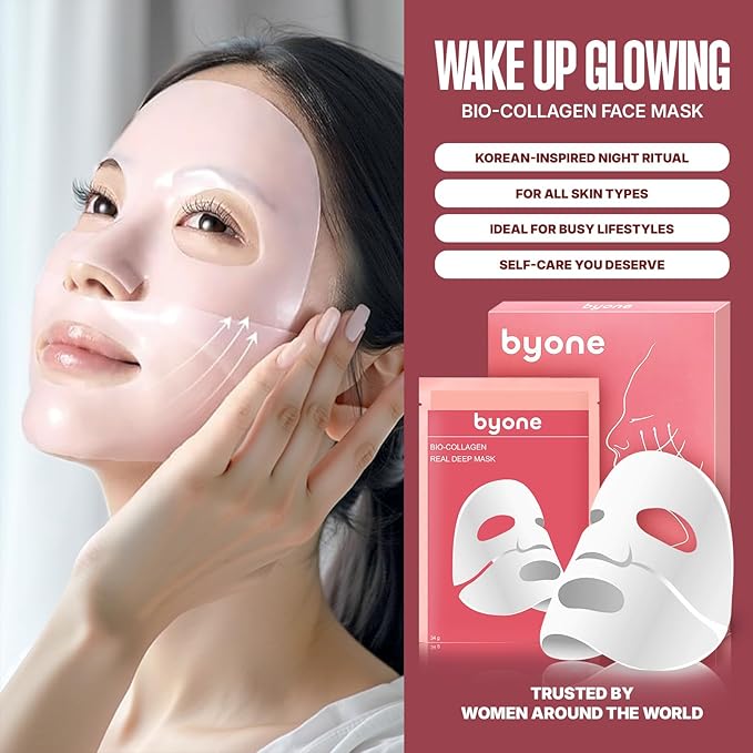 BYONE Bio Collagen Face Mask – Hydrating & Anti-Aging Sheet Mask for Glowing Skin – Natural Korean Skincare – Firming, Moisturizing & Soothing – 4 Pack