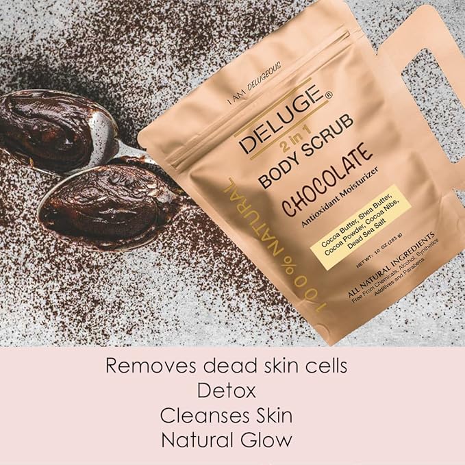 Deluge Chocolate Scrub for Cellulite and Stretch Marks, Body Exfoliant and Hydrating Cellulite Treatment with Shea Butter, Coconut Oil and Dead Sea Salt Firms, Tones and Moisturizes Skin (10 oz)