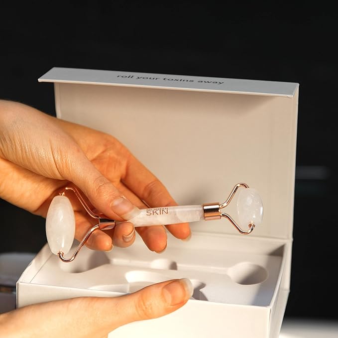 Cristy Premium Face Roller & Gua Sha Set, Jade Roller Beauty Massage Tool, for Face, Neck and Body Muscle Relaxing, Relieve Fine Lines and Wrinkles Crystal Clear Quartz (White)