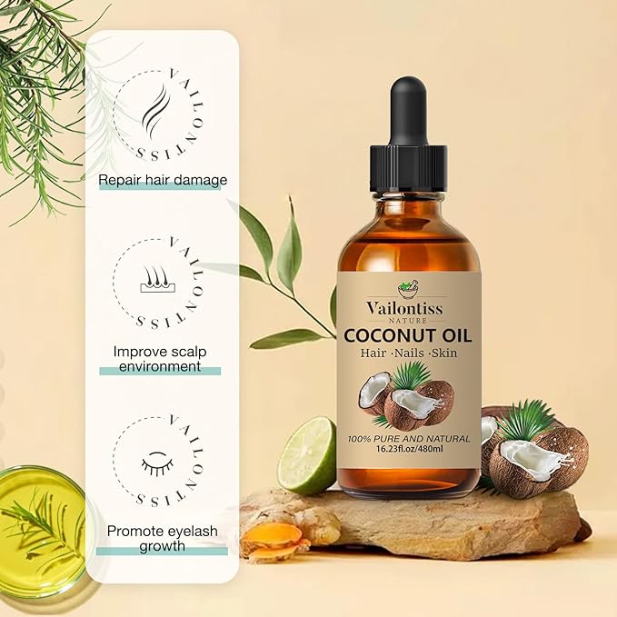 Coconut Oil - Carrier Oil for Hair Growth,Relaxing Massage and Body Oil, Pure Non-Greasy Coconut Oil for All Hair Types and Skin(Coconut Oil, 16 Fl Oz)