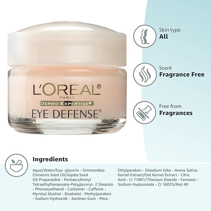 L'Oreal Paris Dermo-Expertise Eye Defense Eye Cream with Caffeine and Hyaluronic Acid 0.5 oz