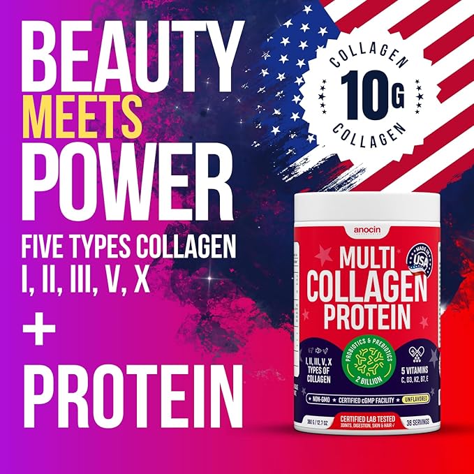Multi Collagen Peptides with Probiotics + Type I, II, III, V, X + Hydrolyzed Collagen Powder with Vitamin C+D3+B7+K2+E Hyaluronic Acid, Supports Skin Hair Nail & Joint, Grass-Fed, Non-GMO