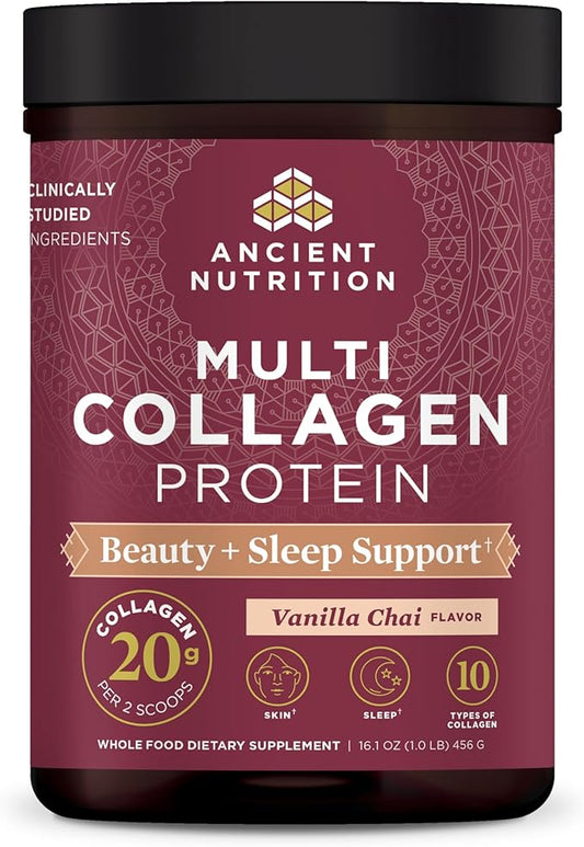 Ancient Nutrition Collagen Powder Protein, Multi Collagen Protein Beauty + Sleep with Vitamin C, Vanilla Chai, Hydrolyzed Collagen Peptides Supports Skin and Nails, Sleep, 16.1oz