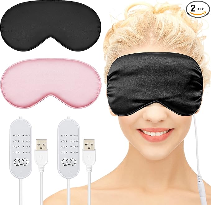 2 Pieces Silk Heated Eye Mask for Dry Eyes USB Steam Warm Compress for Puffy Eyes Adjustable Temp Sleep Eye Mask for Dry Eye, Chalazion, Blepharitis, Stye (Black, Pink)