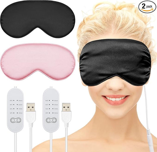 2 Pieces Silk Heated Eye Mask for Dry Eyes USB Steam Warm Compress for Puffy Eyes Adjustable Temp Sleep Eye Mask for Dry Eye, Chalazion, Blepharitis, Stye (Black, Pink)