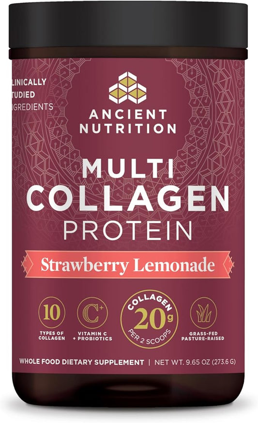 Ancient Nutrition Collagen Peptides Powder, Multi Collagen Protein, Women & Men, Vitamin C, Probiotics, Hydrolyzed Collagen, Supports Skin, Joints, Gut Health, Strawberry Lemonade, 24 Servings