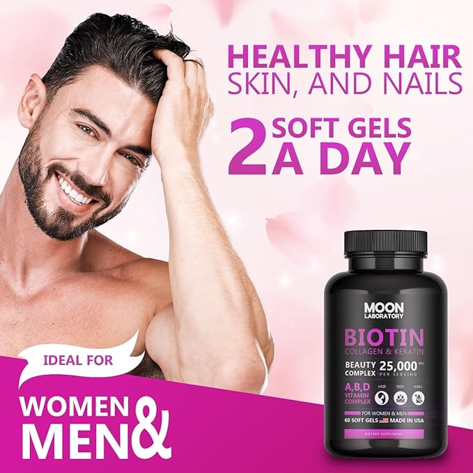 Premium Biotin 5,000 mcg Beauty Complex with Collagen, Keratin, Hyaluronic Acid, Vitamin A, D3, B-Complex, Calcuim & Coconut Oil. Hair Growth, Nails, Skin. For Men & Women. 60 Softgels