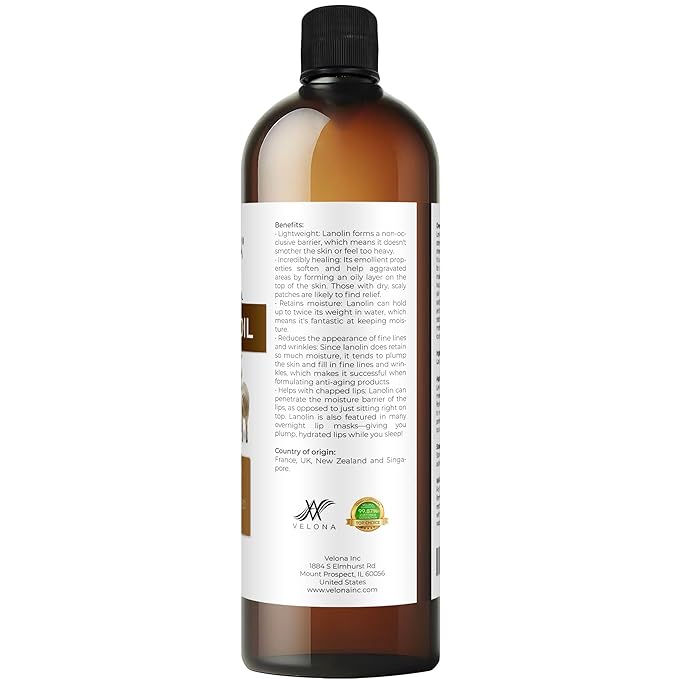 Lanolin Oil USP Grade by Velona - 32 fl oz | 100% Pure and Natural Carrier Oil | Refined, Cold Pressed | Skin, Hair, Body & Face Moisturizing | Use Today - Enjoy Results