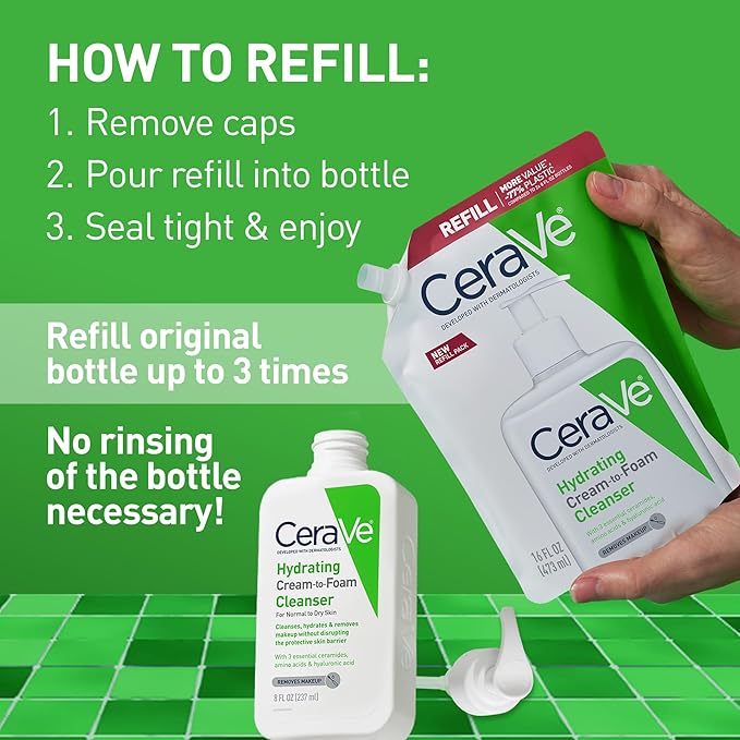CeraVe Hydrating Cream To Foam Cleanser, Makeup Remover Face Wash For Dry Skin, Foaming Facial Cleanser With Hyaluronic Acid, Normal To Dry Skin, Fragrance Free & Non Comedogenic, 16 Ounce Refill
