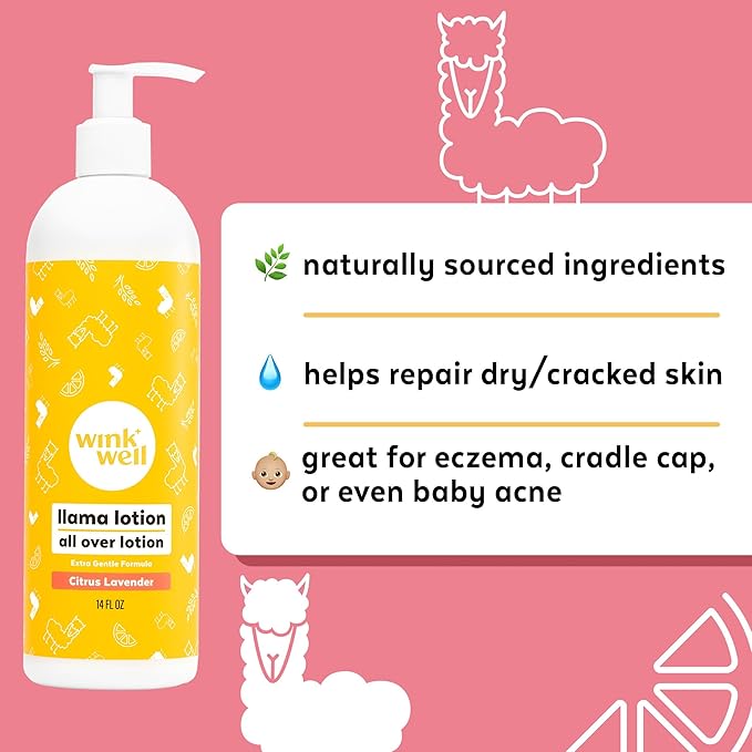 Wink Well Llama Baby Lotion for Kids- Gentle Baby Moisturizer for Calming Dry Skin-For Sensitive Skin Free of Parabens, Chemicals, Dyes and Fragrances- 14 Oz