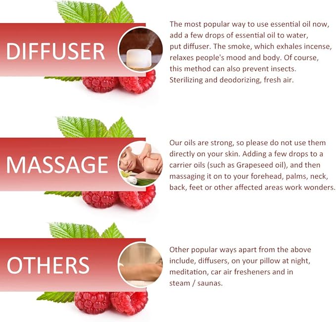 Raspberry Essential Oil, 100% Pure Organic Natural Aromatherapy Raspberry Oil for Diffuser, Massage, Yoga, Meditation, Bath, Skin Care (10ml)