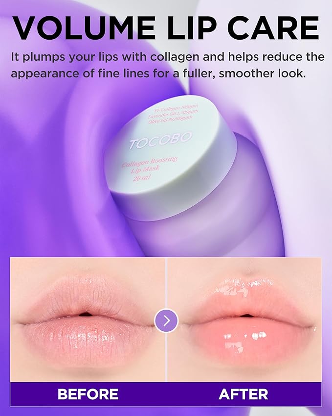 TOCOBO Collagen Boosting Lip Mask – Korean Overnight Lip Plumper Treatment with Fermented Collagen, Olive Oil & Lavender – Hydrating, Plumping, Exfoliating Balm for Smooth, Elastic Lips, 0.5 oz.