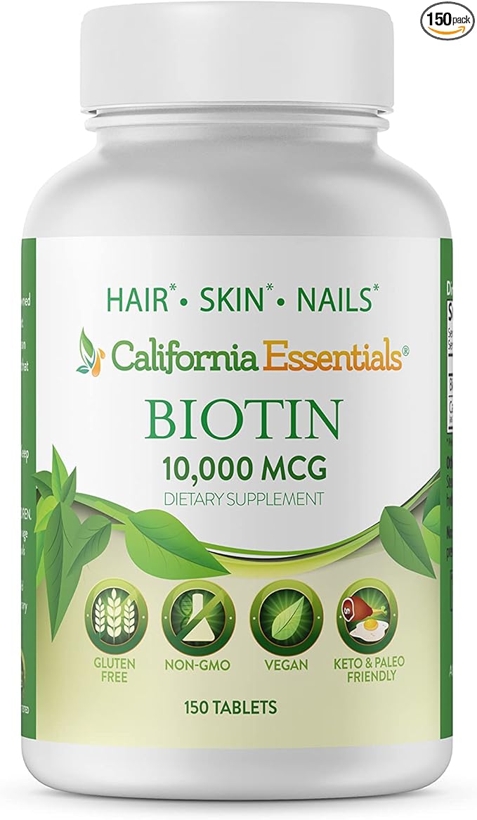 California Essentials Biotin 10000mcg – Hair Growth Vegetarian Vitamins B7 Supports Healthy Hair, Skin, and Nail Growth – Dietary Supplement for Men & Women of All Hair Types (150 Tablets)