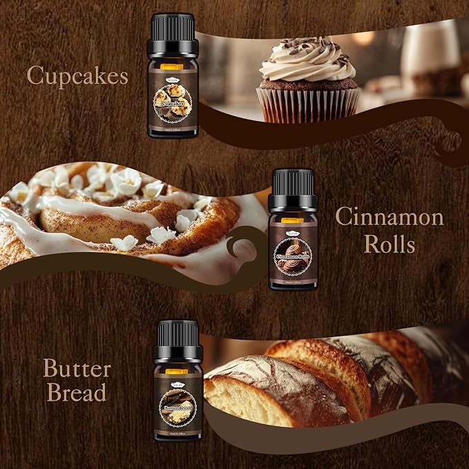 Bakery Essential Oils Set, Fragrance Oil for Diffusers for home, Candle Making, Aromatherapy Scented Oils Gift for Mom, Women - Vanilla Bean, Cookies, Chocolate Crepes, Cupcakes, Cinnamon Rolls, Bread