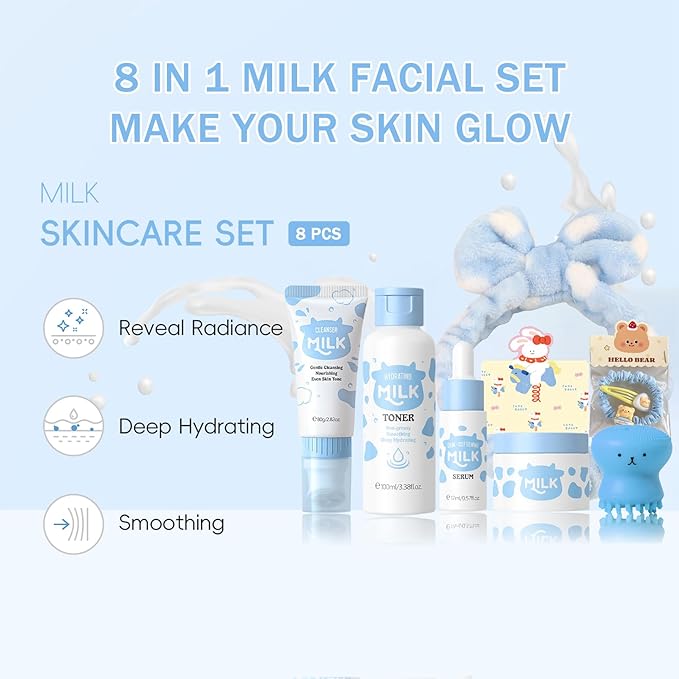 8 PCS Facial Skin Care Sets & Kits, Milk Skincare Set, Travel Skincare Set for Women & Teens, Hydrating Milk Skincare Routine for Girls 10-12, Brilliant Self Care Kit, Deep Moisturizing Gentle