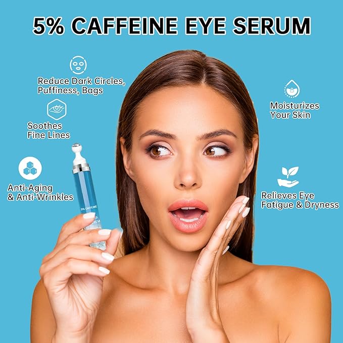 5% Caffeine Eye Cream Anti Aging, Cream For Puffiness & Bags Under Eyes, 1 PCS Caffeine Eye Serum With Under Roller For Wrinkles, Fine Lines & Dark Circles, Natural Eyes Daily Care