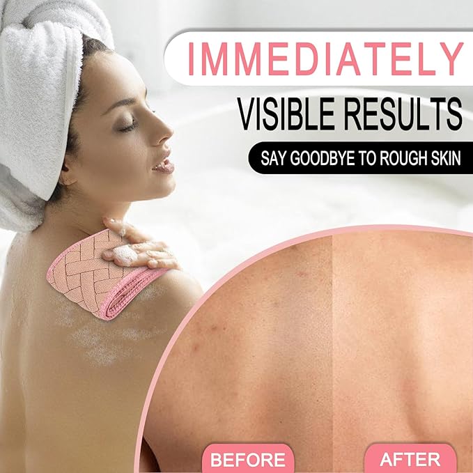 Exfoliating Back Scrubber with Upgraded Handles, 38.5 Inch Double-Sided Body Scrub Bath Exfoliator, Exfoliating Washcloth for Use in Shower, Back Washer to Deep Clean Your Skin for Men & Women (Pink)