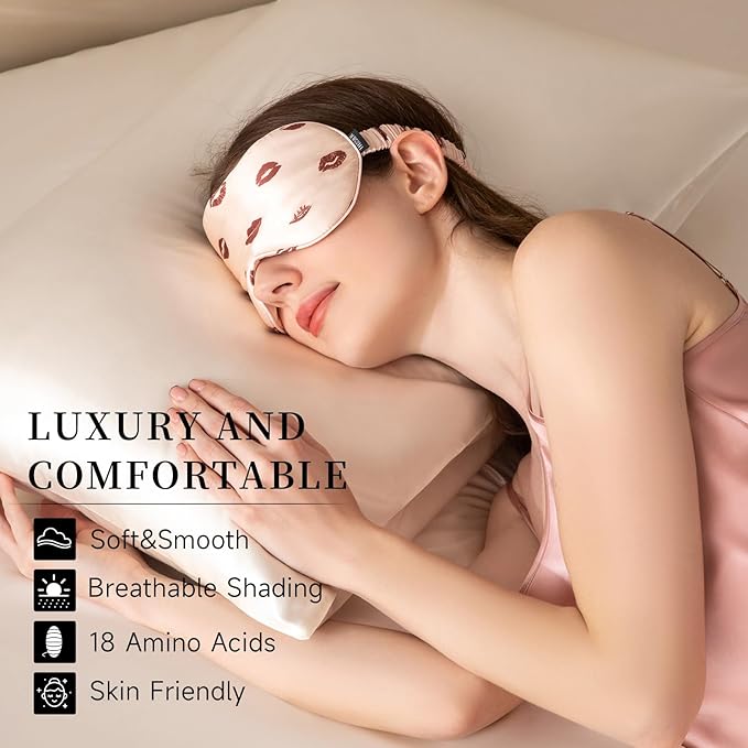 THXSILK Sleep Mask 100% 19 Momme Pure Mulberry Silk Super Smooth Cooling Decorative Sleep Eye Mask Blackout Eye Cover with Wide Head Strap, Sexy-Lip-Pink