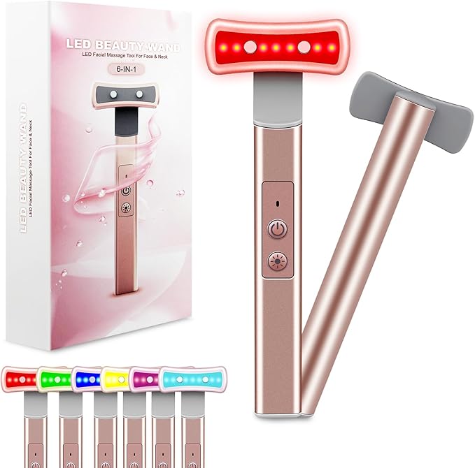 Red Light Therapy for Face, 6 in 1 LED Light Therapy Eye Equipment for Skin,Face Wand with Facial Massager, Skincare Facial Wand,Vibration, Thermal, Microcurrent，Portable Beauty Tools