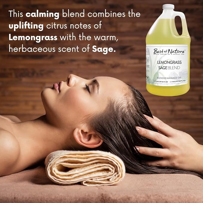 Best of Nature Lemongrass and Sage Massage Oil Blend - Non-Greasy Aromatherapy Massage Oil for Body, Skin & Face, Crafted with Pure Essential Oils, Gallon (128 fl oz)