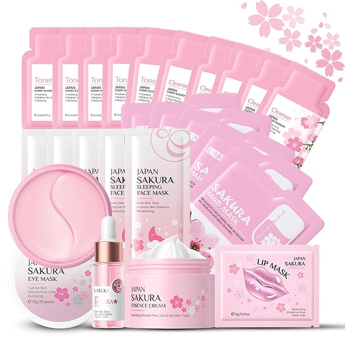 Skincare Set for Teenage Girls, Japan-Sakura Skin Care Products Set, Skin Care Sets & Kits, Cleanser, Toner, Serum, Cream, Sleep Mask,Eye Mask,Mud Mask,Lip Mask Beauty Products Daily Face Care 24PCS