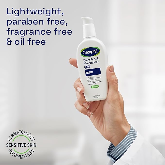 Cetaphil Night Moisturizer for Face, Hydrating Facial Moisturizer with Hyaluronic Acid, For All Skin Types, Lightweight and Non-Comedogenic, Dermatologist Recommended for Sensitive Skin, 3oz