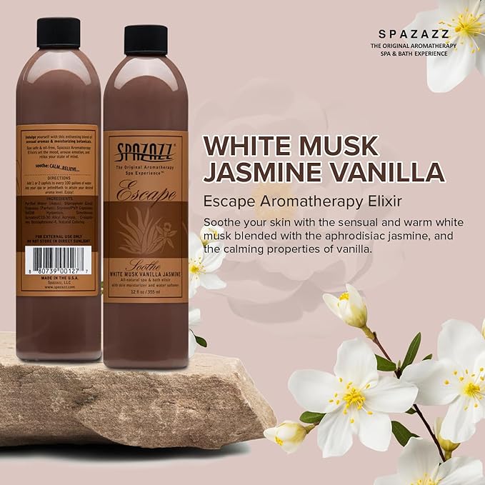 Spazazz SPZ-127 Escape Aromatherapy Elixir Bottle, 12-Ounce, White Musk Jasmine Vanilla Soothe