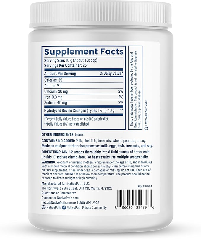 NativePath Collagen Peptides Protein - Hydrolyzed Type 1 & 3 Collagen Powder for Skin, Hair, Nails - 8.8 oz (25 Servings)